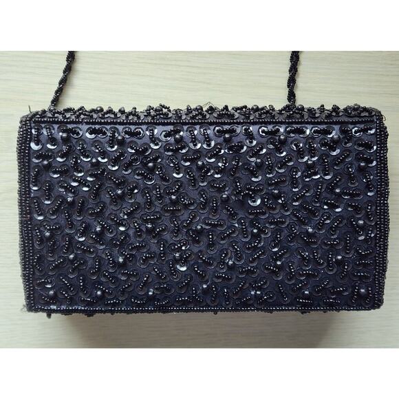 PURSE-HANDBAG-BIJOUX TERNER-Black-Beaded-Beaded Strap-Snap Closure-Clutch - Picture 4 of 15